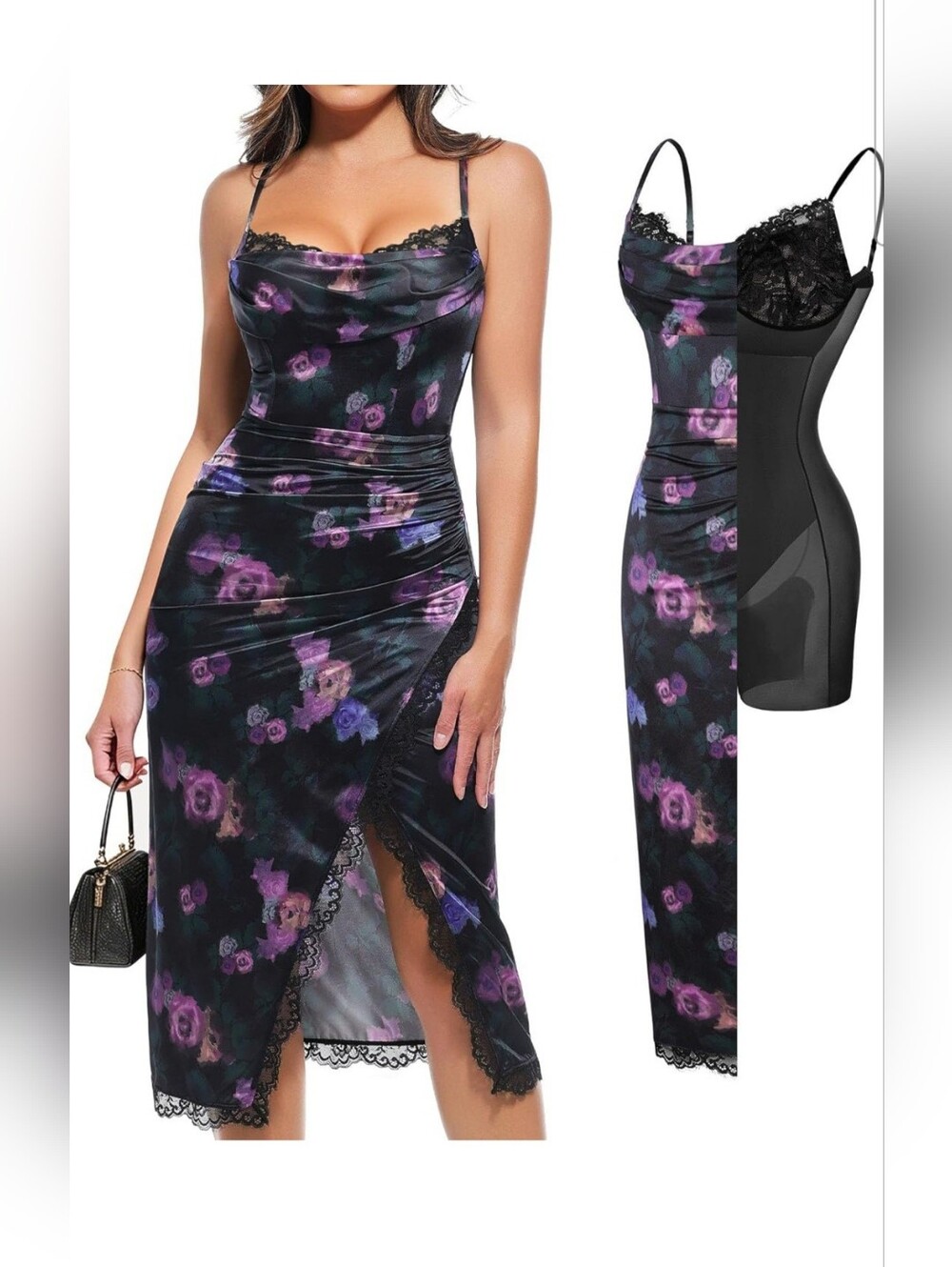 Popilush Women's Floral Lace Satin Ruched Cocktail Shapewear Mid Dress Size S